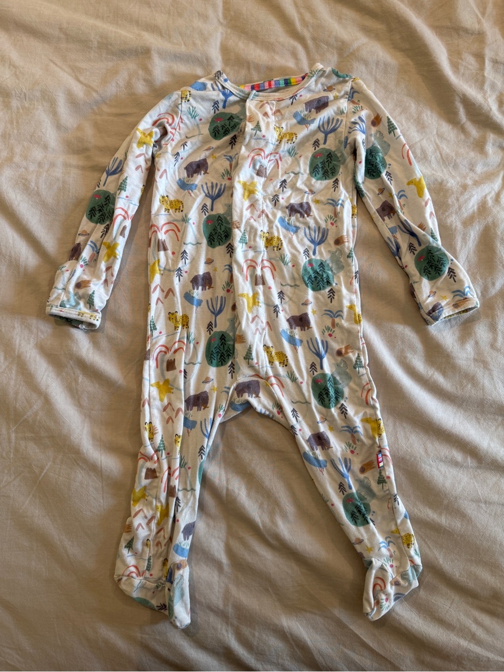 Magneticme White Baby One-Piece Footed Sleeper with Animal & Tree Print